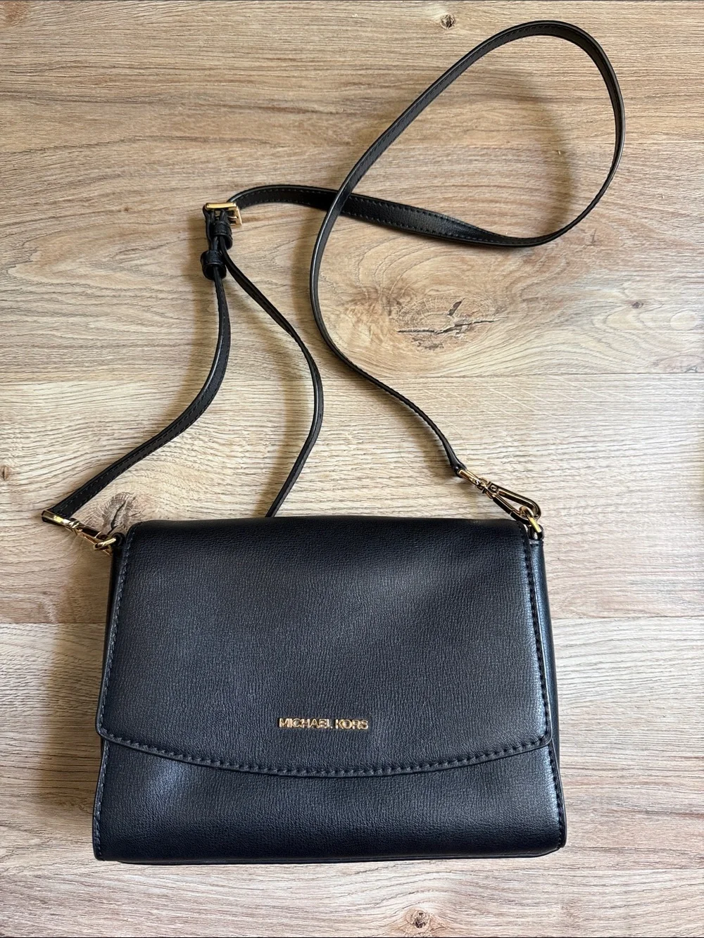 Michael Kors Black Leather Gold-Accent Crossbody
